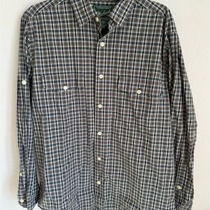 Men’s L Blue Woolrich Tartan Plaid Outdoor, Casual, Long Sleeve Button Up Shirt